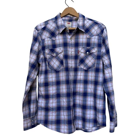 Levi’s Standard Men’s Western Plaid Pearl Snap Shirt Blue Purple M - Picture 1 of 8